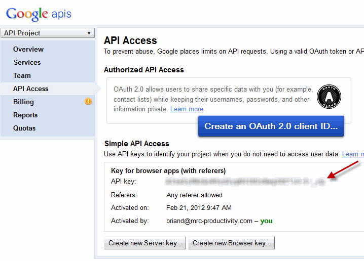 API Access Screen