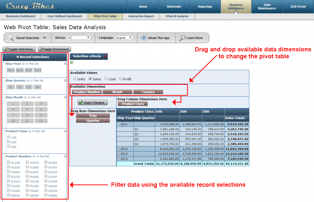 The web based pivot table offers a variety of sorting/filtering options.