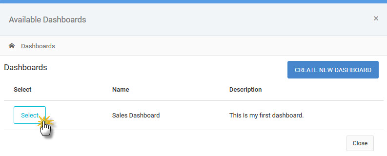 Click to enlarge image Selecting a dashboard to add DX design to