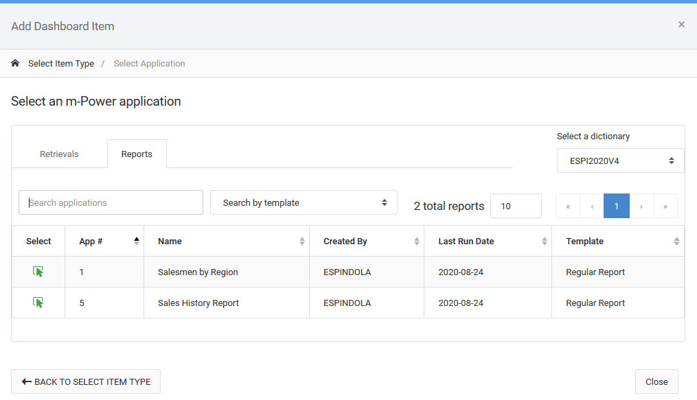 Click to enlarge image Selecting an application for the dashboard