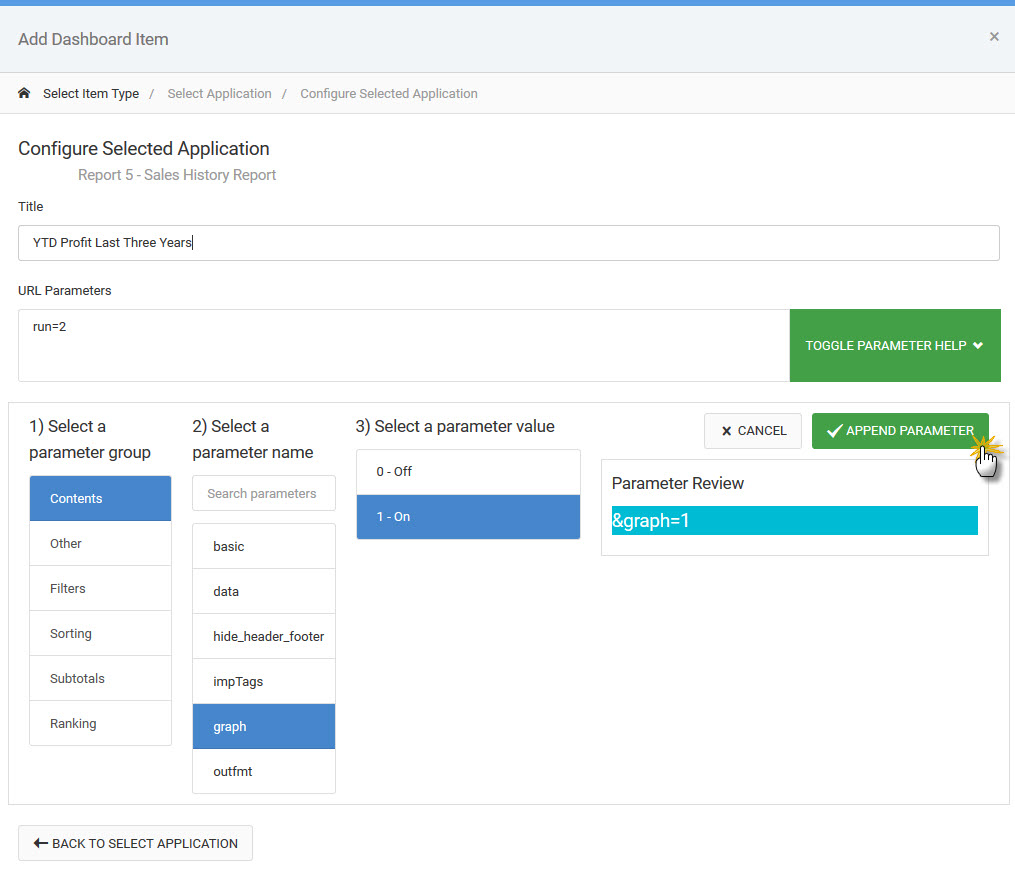 Click to enlarge image Configuring URL parameters for a selected report