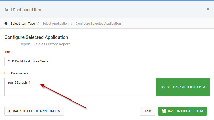 Click to enlarge image Configuring URL parameters for a selected report
