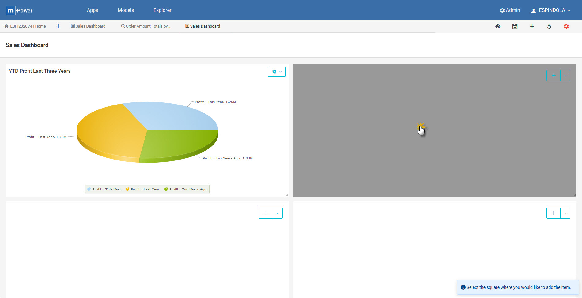 Click to enlarge image Highlighing a dashboard square to add DX design