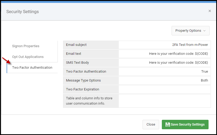 Security Settings with 2FA options